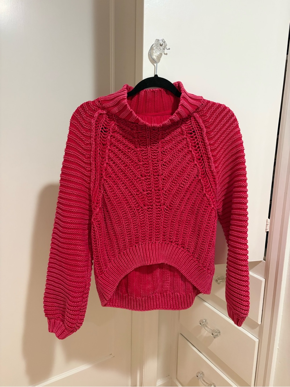 Free People Bright Pink Cable Knit Turtleneck Sweater